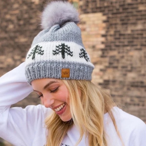 Gray White Green Pine Evergreen Tree Holiday Knit Faux Fur Pom Beanie Winter Hat - Picture 3 of 4